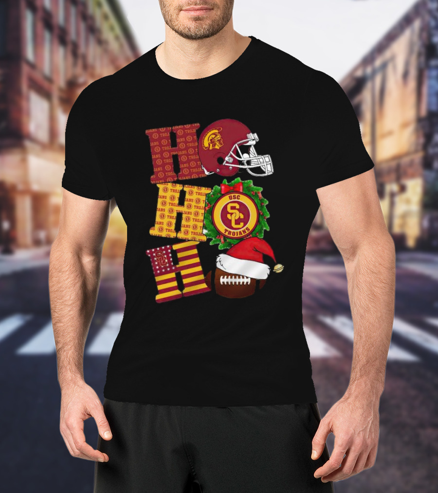 USC Trojans Ho Ho Ho Christmas Helmet Wreath Football Santa Hat T-Shirt