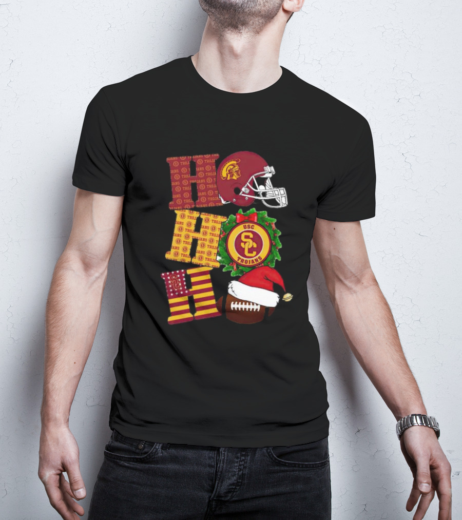 USC Trojans Ho Ho Ho Christmas Helmet Wreath Football Santa Hat T-Shirt