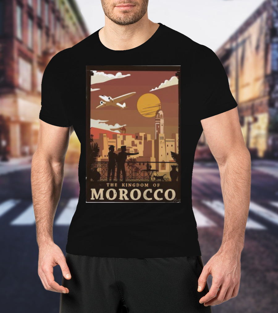 The Kingdom Of Morocco Skyline View With Airplane And Sunset Scene T-Shirt