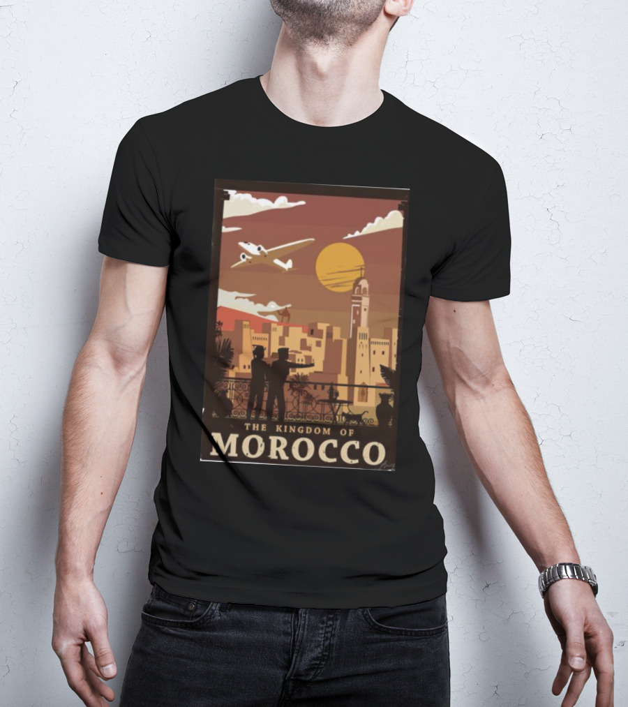 The Kingdom Of Morocco Skyline View With Airplane And Sunset Scene T-Shirt