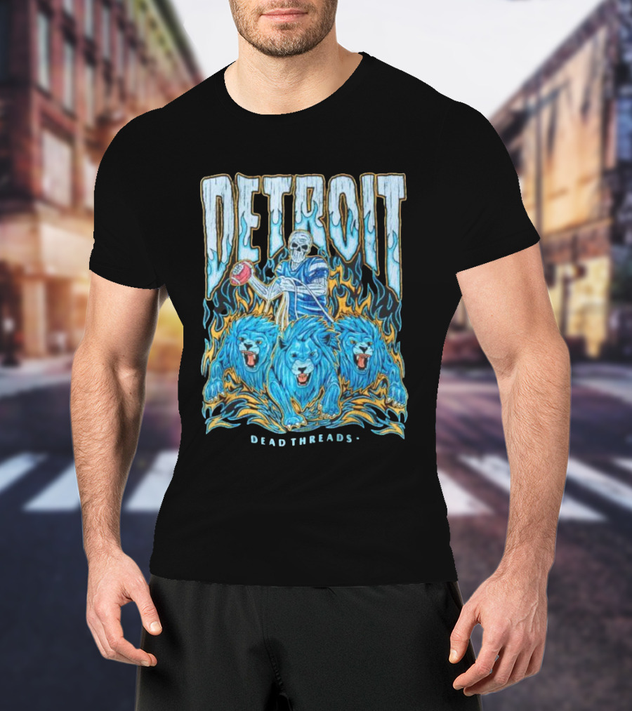 Detroit Dead Threads Football Skeleton And Blue Lions T-Shirt