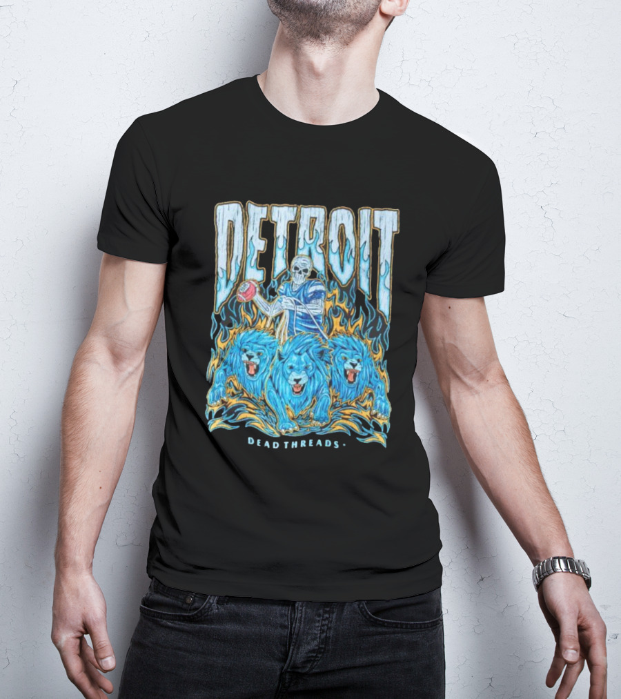 Detroit Dead Threads Football Skeleton And Blue Lions T-Shirt