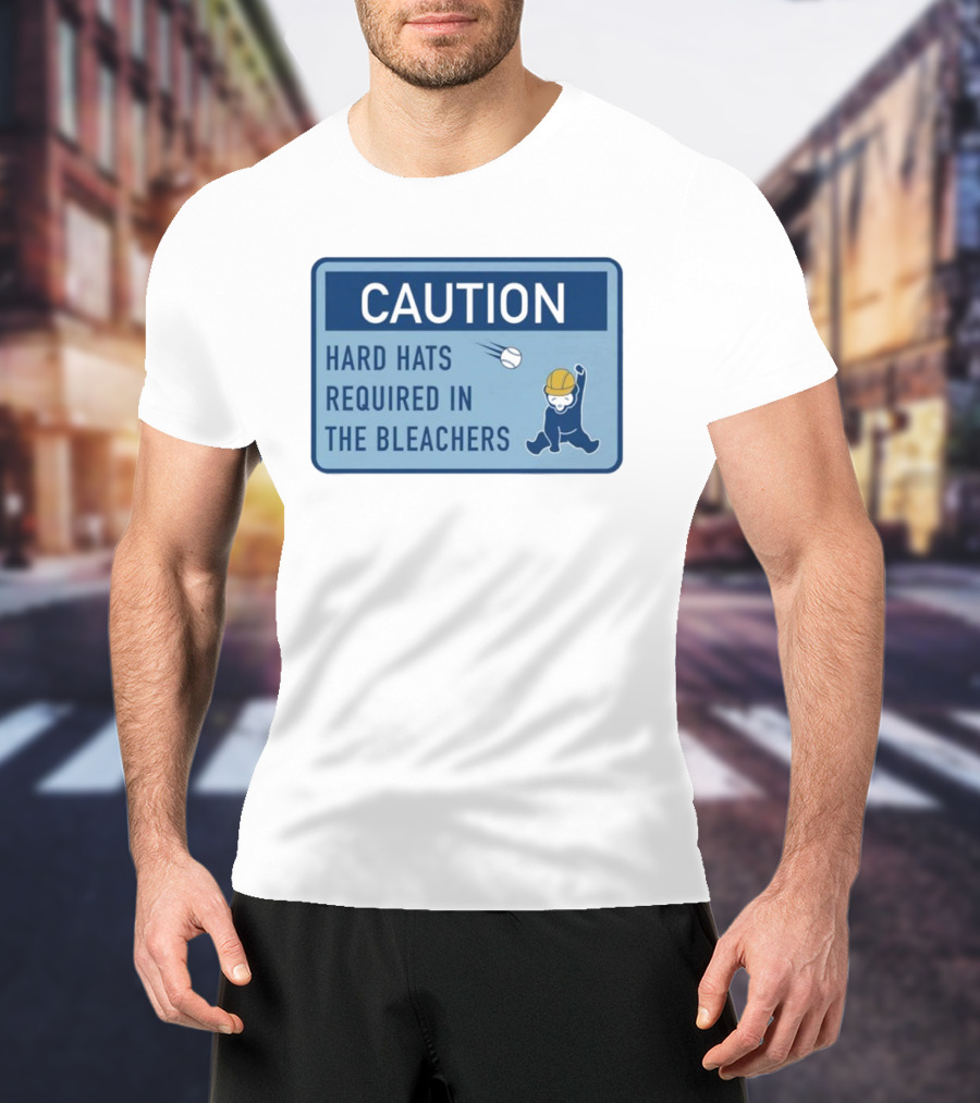 Caution: Hard Hats Required In The Bleachers With Cartoon Worker And Falling Object T-Shirt