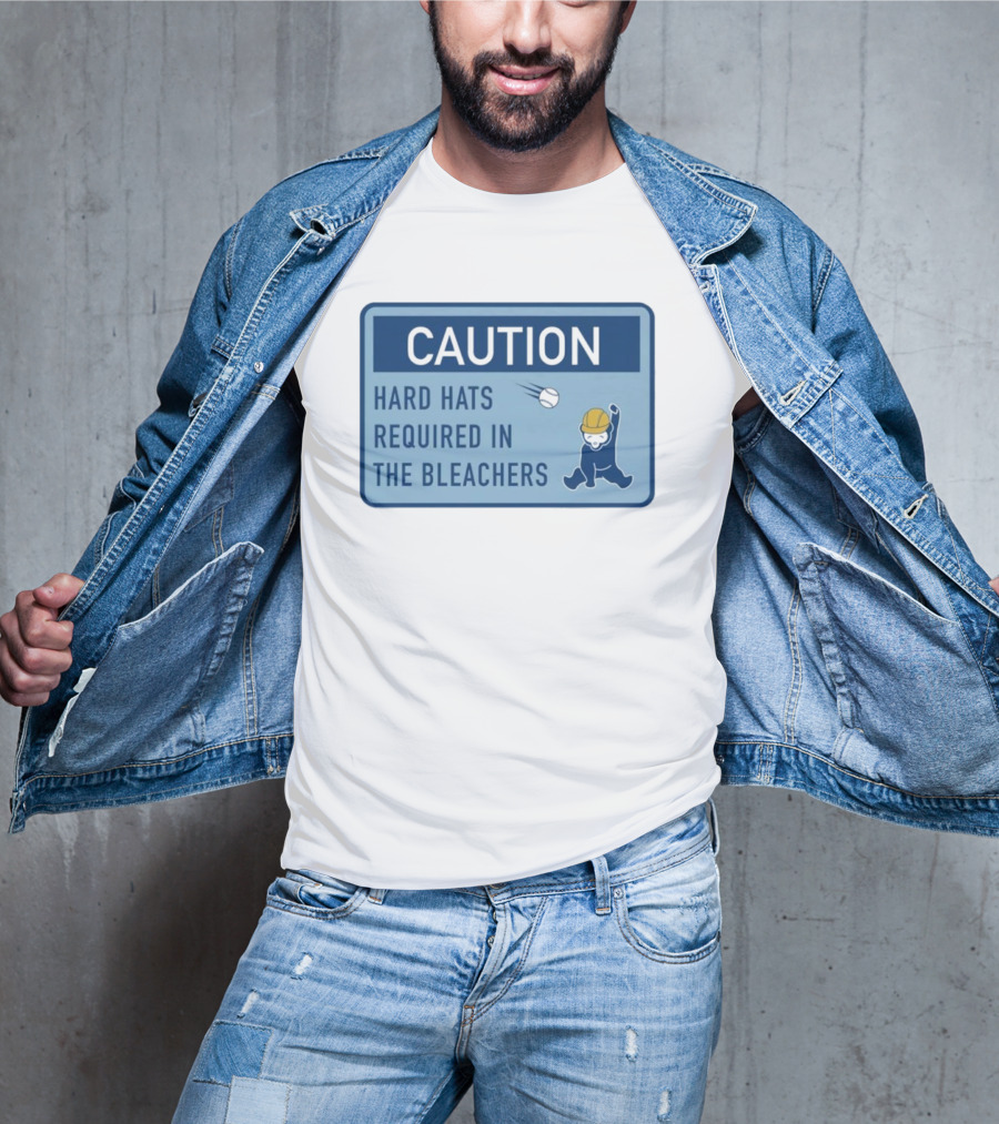 Caution: Hard Hats Required In The Bleachers With Cartoon Worker And Falling Object T-Shirt