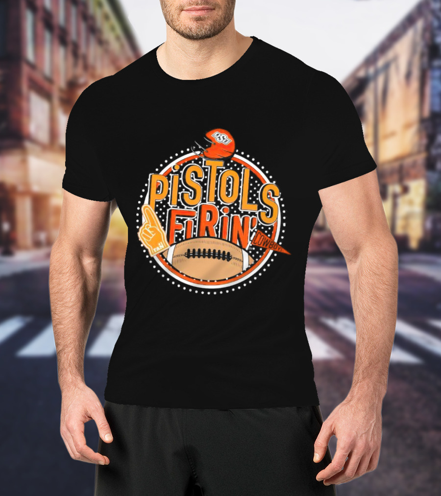 Pistols Firing OSU Cowboys Football Helmet And Foam Finger T-Shirt