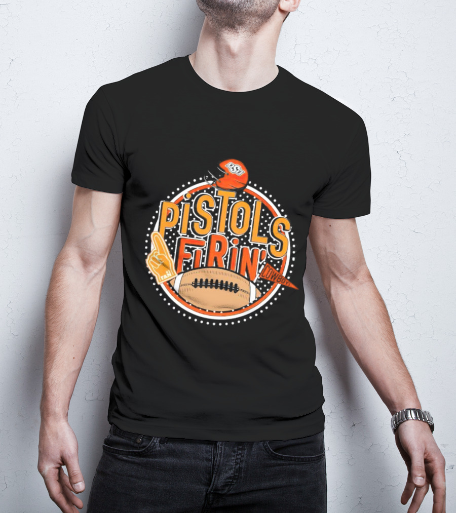 Pistols Firing OSU Cowboys Football Helmet And Foam Finger T-Shirt