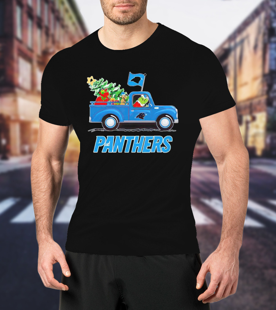Grinch In Blue Christmas Truck With Carolina Panthers Logo And Tree T-Shirt