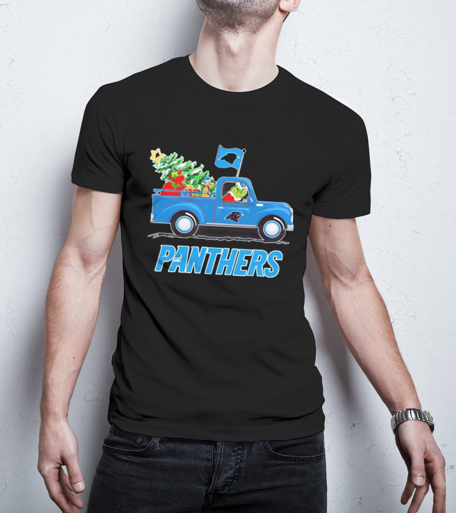 Grinch In Blue Christmas Truck With Carolina Panthers Logo And Tree T-Shirt