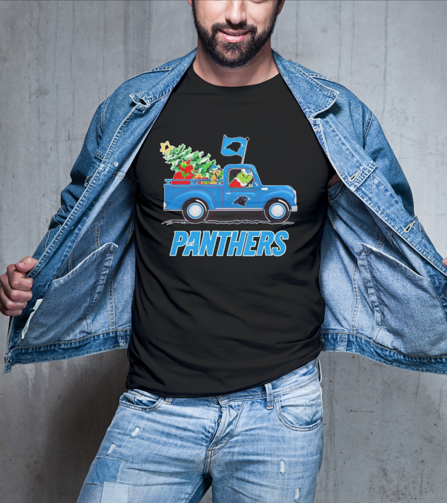 Grinch In Blue Christmas Truck With Carolina Panthers Logo And Tree T-Shirt