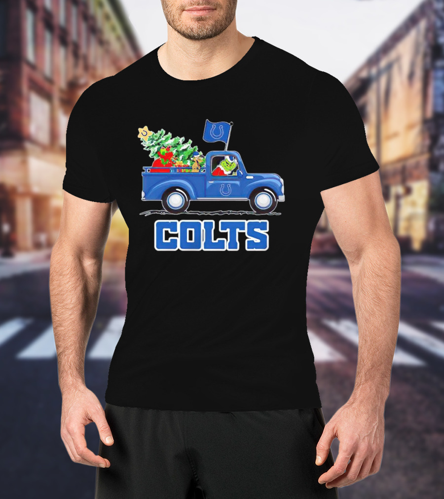 Grinch Driving Christmas Truck With Indianapolis Colts Logo And Tree T-Shirt
