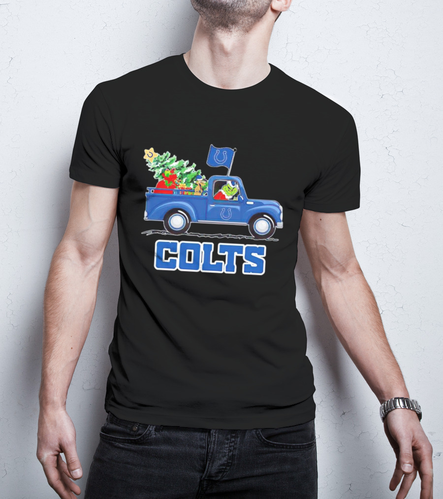 Grinch Driving Christmas Truck With Indianapolis Colts Logo And Tree T-Shirt