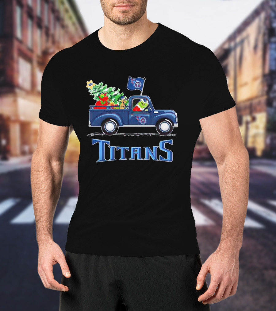 Grinch Driving Christmas Tree Truck Tennessee Titans Holiday Spirit T-Shirt