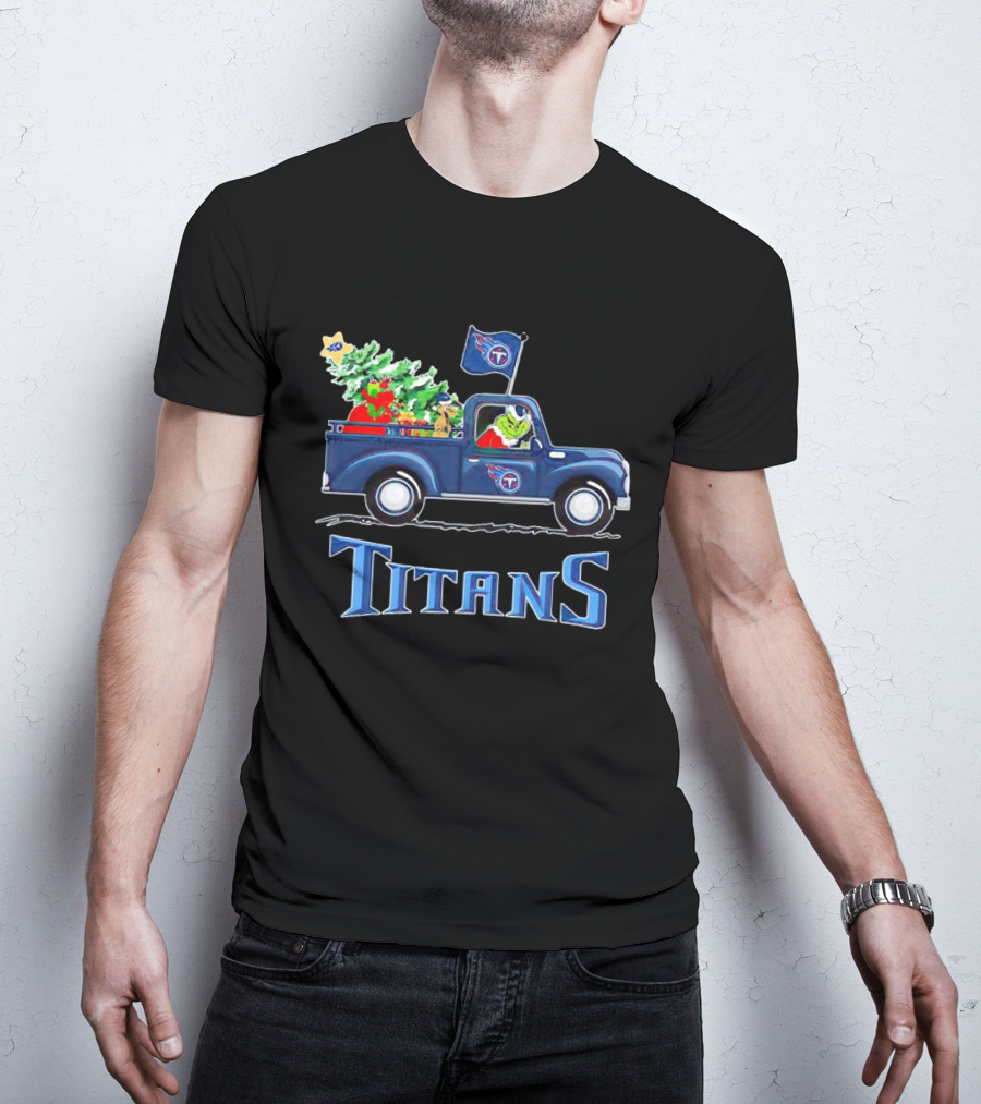 Grinch Driving Christmas Tree Truck Tennessee Titans Holiday Spirit T-Shirt