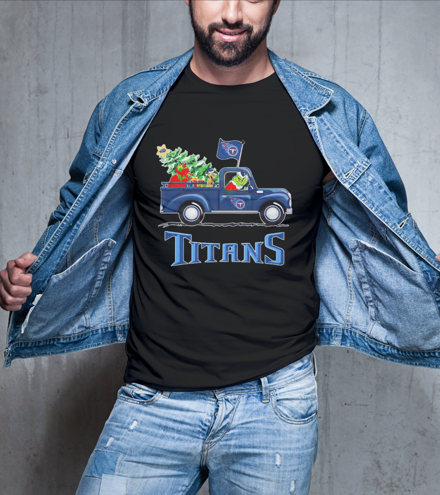 Grinch Driving Christmas Tree Truck Tennessee Titans Holiday Spirit T-Shirt