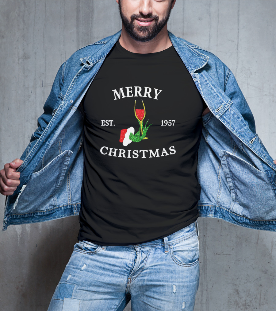 Merry Christmas Grinch Hand Wine Glass Est 1957 T-Shirt