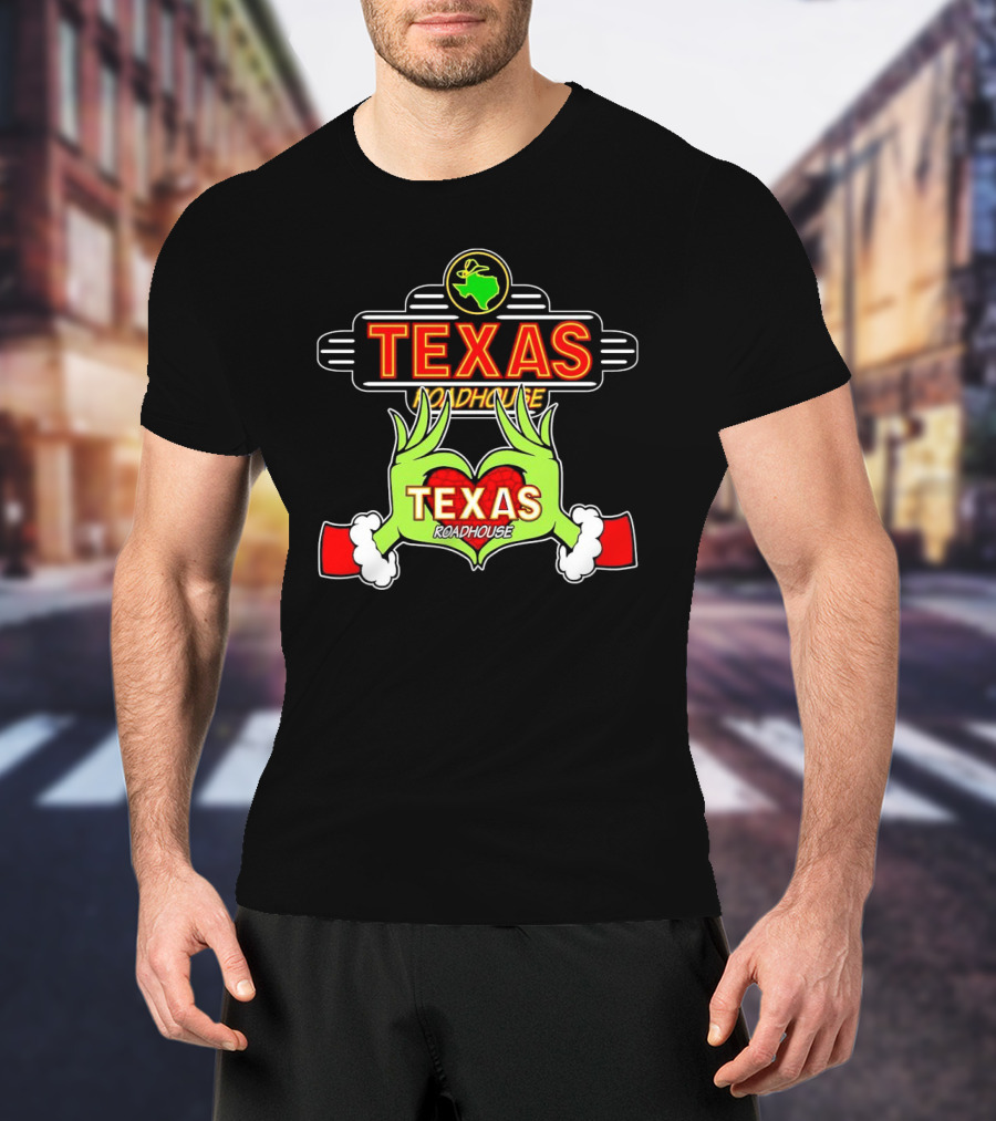 Grinch Hands Holding Heart Texas Roadhouse Christmas T-Shirt