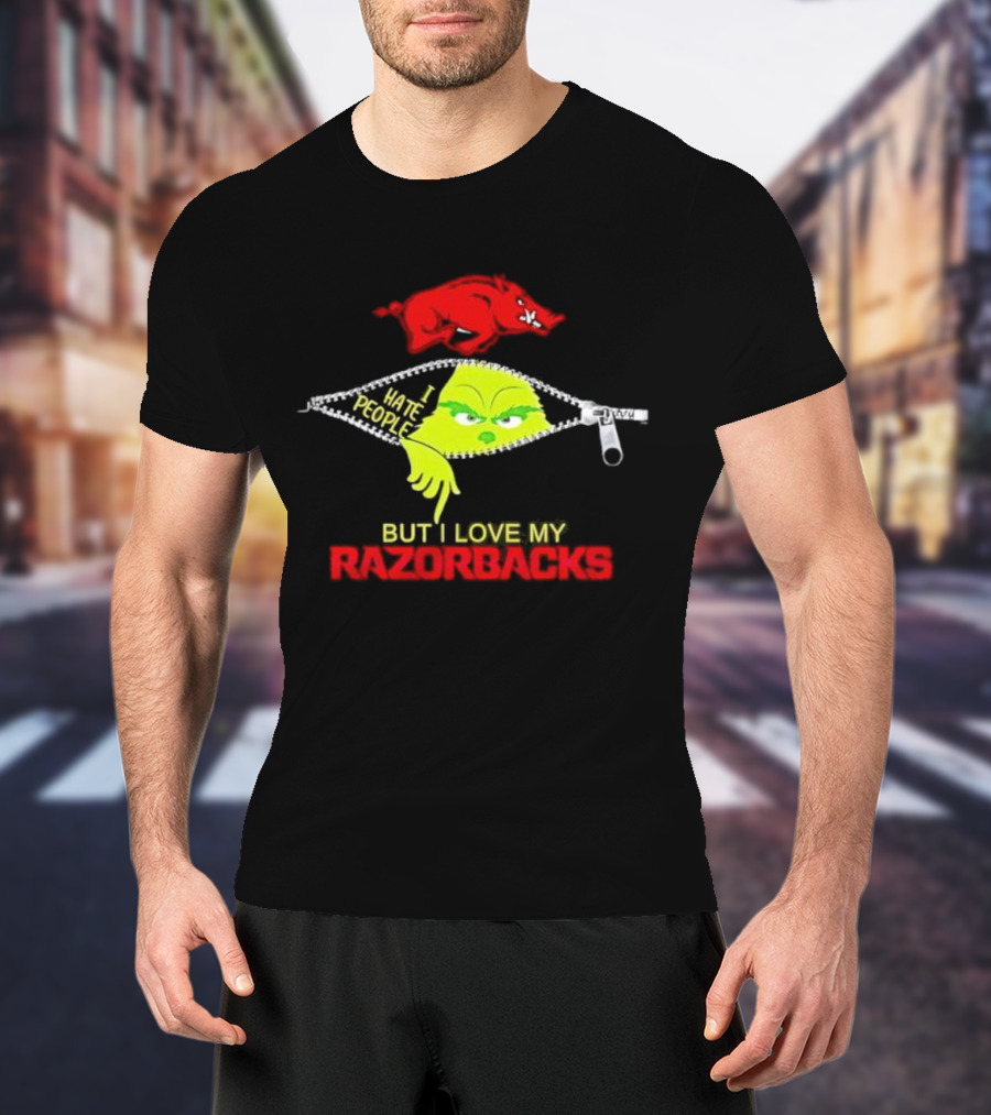 Grinch Zipper I Hate People But I Love My Razorbacks Arkansas Razorbacks T-Shirt