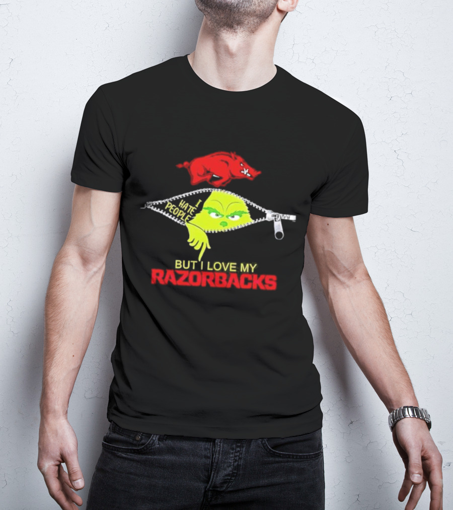 Grinch Zipper I Hate People But I Love My Razorbacks Arkansas Razorbacks T-Shirt