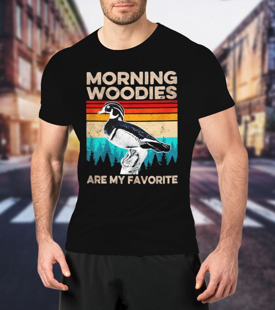 Morning Woodies Are My Favorite Vintage Duck Silhouette Retro Stripes Forest Pines T-Shirt