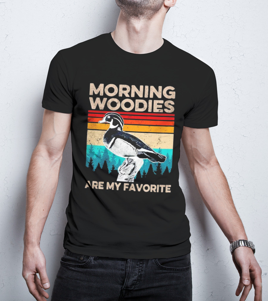 Morning Woodies Are My Favorite Vintage Duck Silhouette Retro Stripes Forest Pines T-Shirt