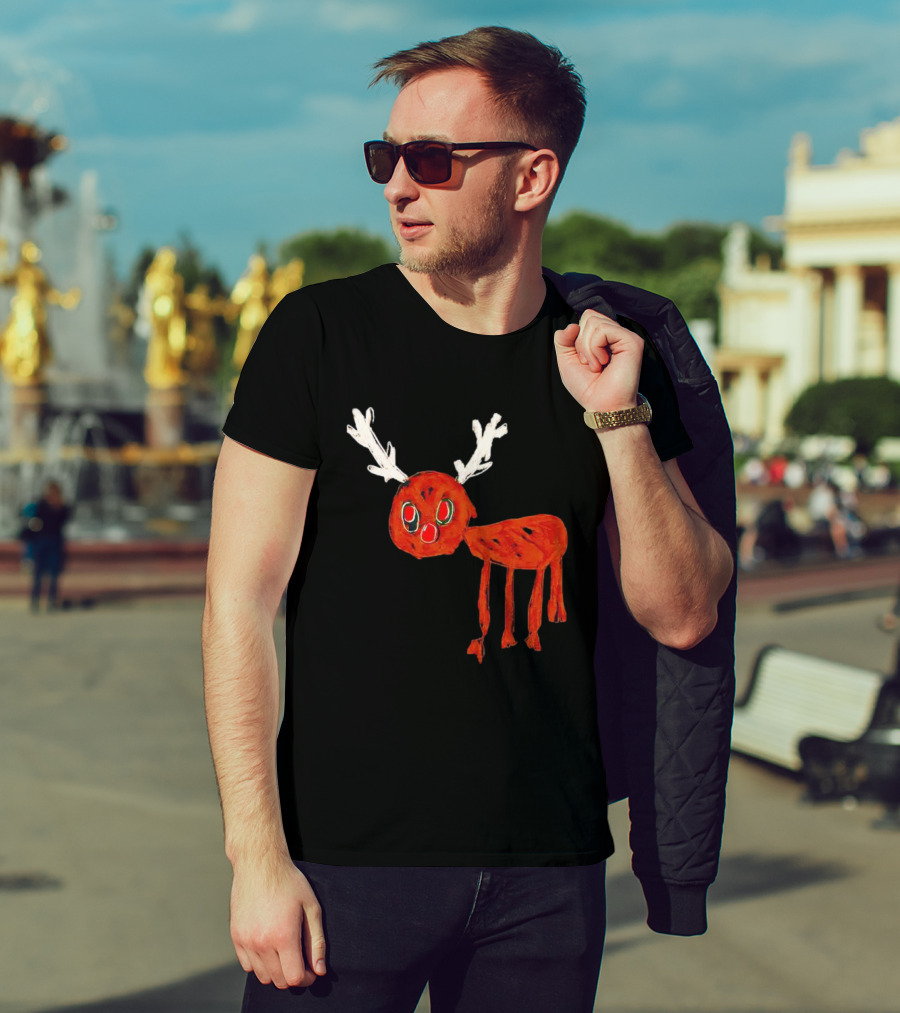 Reindeer Drawing Red Nose Cartoon T-Shirt
