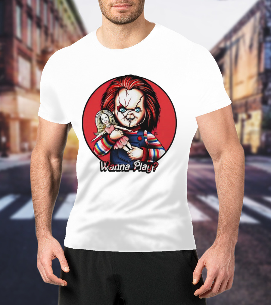 Chucky Holding Doll With Wanna Play? Text In Red Circle T-Shirt