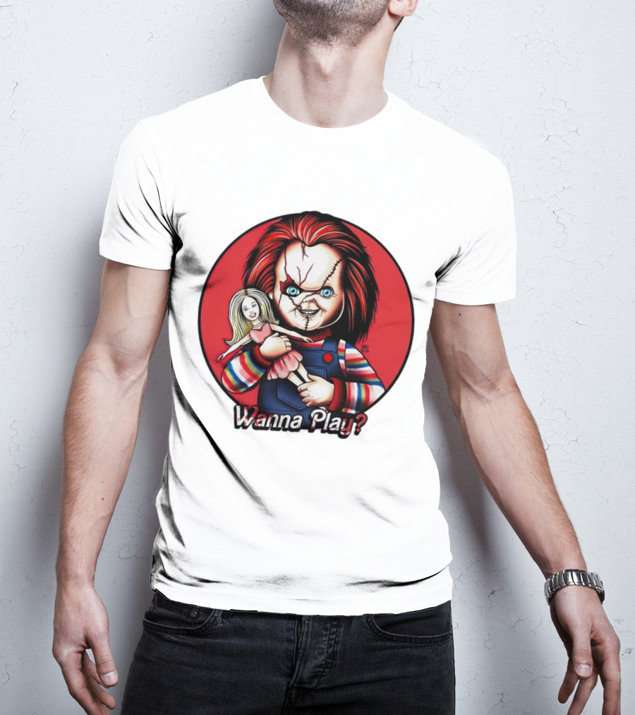 Chucky Holding Doll With Wanna Play? Text In Red Circle T-Shirt