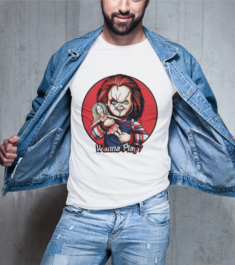 Chucky Holding Doll With Wanna Play? Text In Red Circle T-Shirt