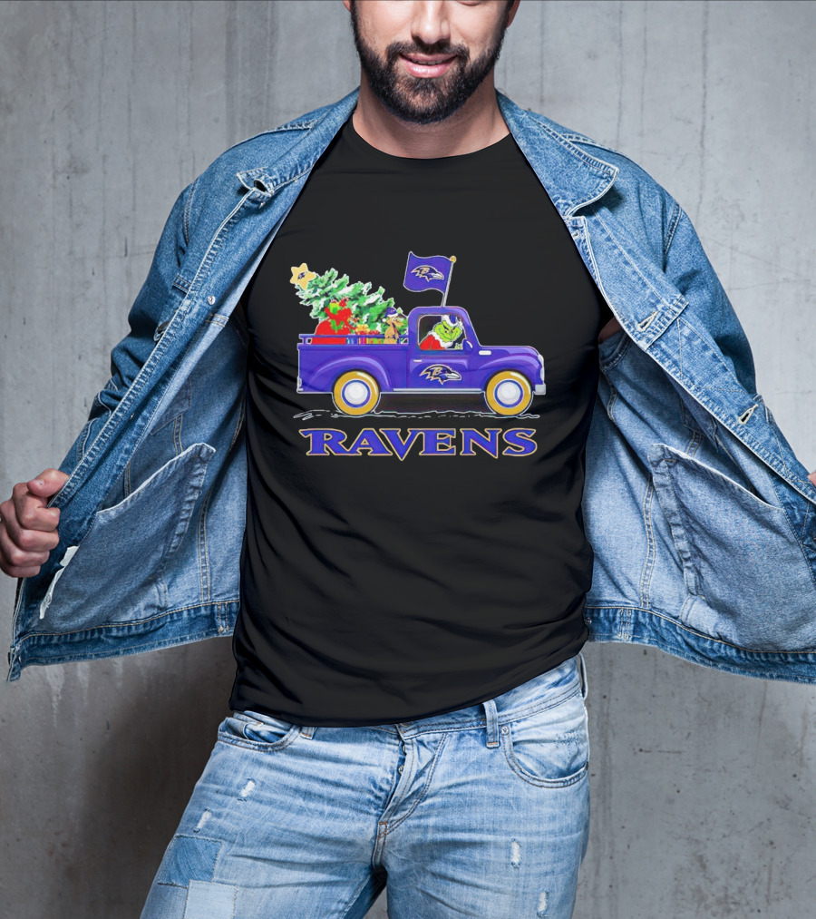 Grinch Driving Baltimore Ravens Christmas Truck T-Shirt