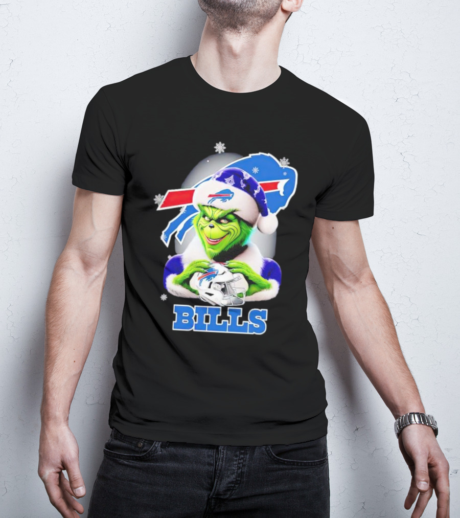 Grinch Love Buffalo Bills Christmas Santa Hat Snowflakes T-Shirt