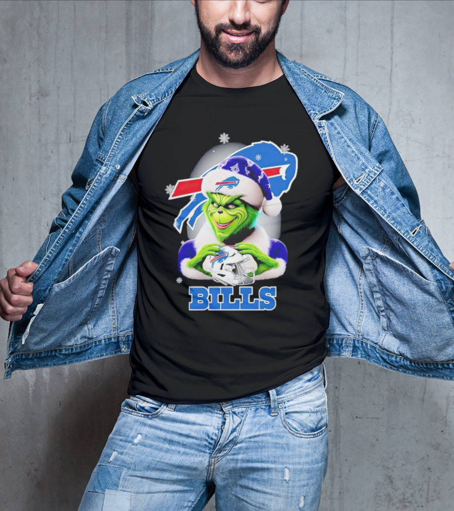 Grinch Love Buffalo Bills Christmas Santa Hat Snowflakes T-Shirt