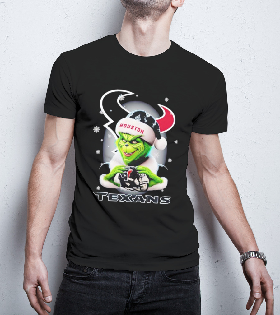 Grinch Houston Texans Christmas Football Holiday Snowflakes T-Shirt