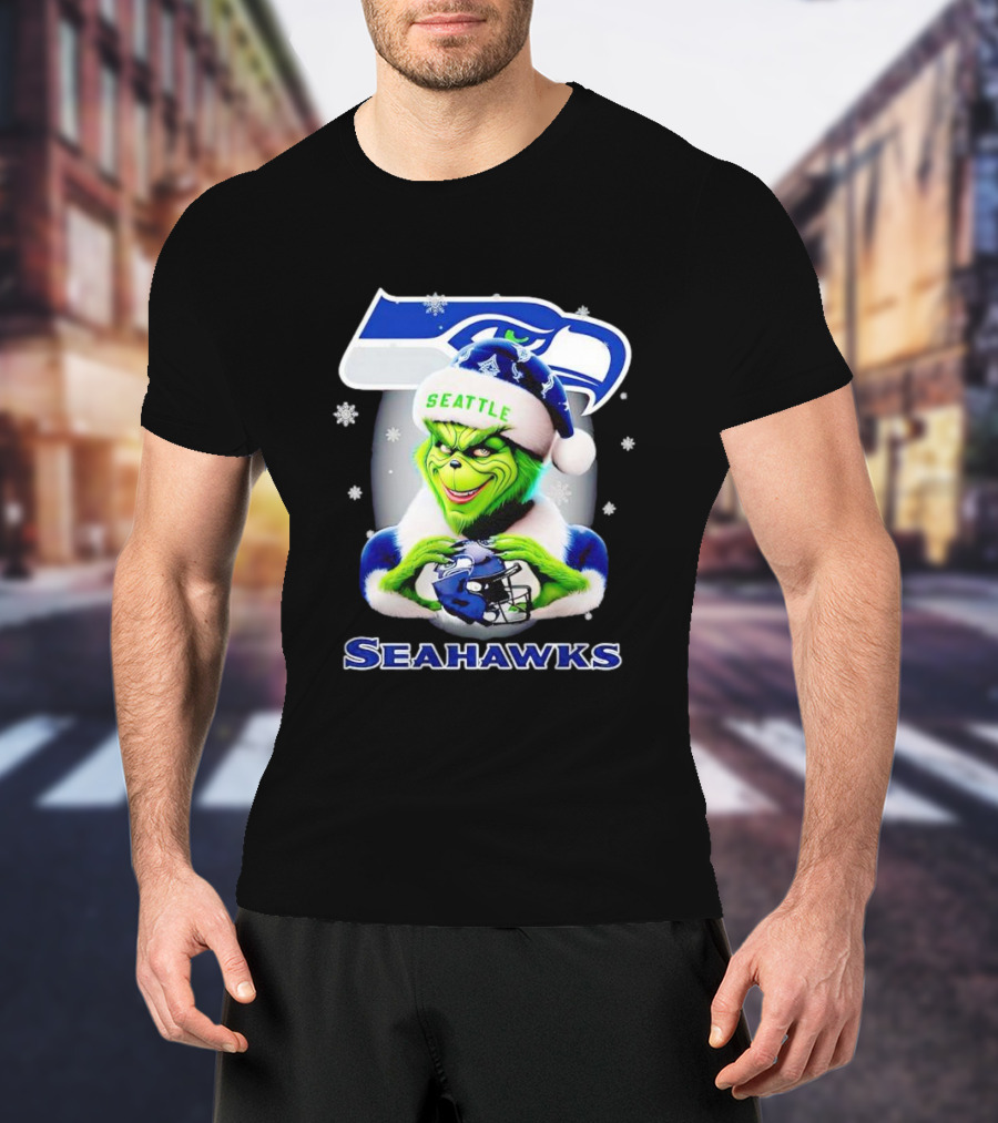 Seattle Seahawks Christmas Grinch Holding Football Helmet T-Shirt
