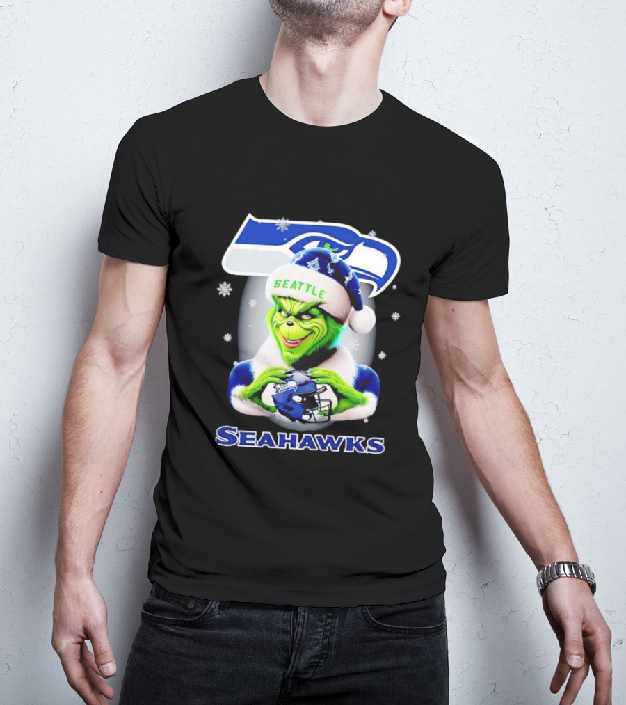 Seattle Seahawks Christmas Grinch Holding Football Helmet T-Shirt