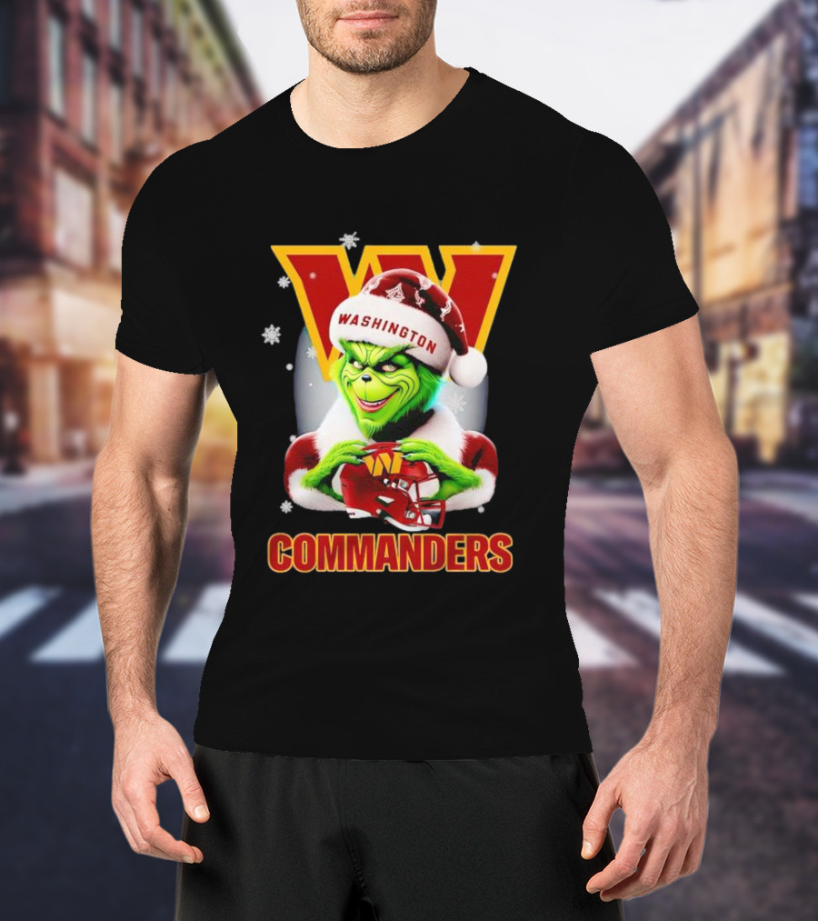 Washington Commanders Christmas Grinch In Santa Hat With Helmet T-Shirt