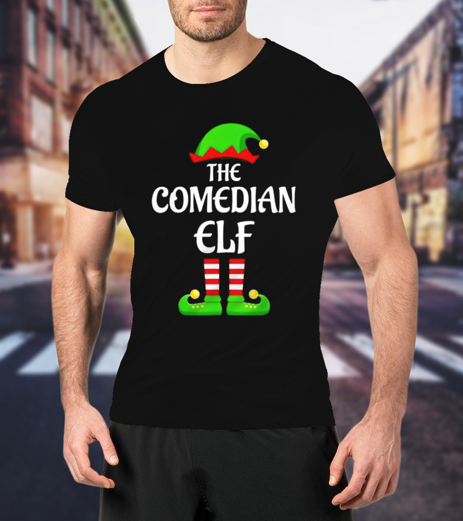 The Comedian Elf Funny Christmas Striped Stockings And Hat T-Shirt