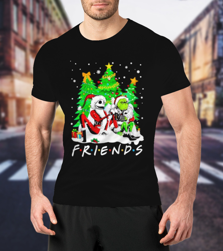 Friends Jack Skellington And Grinch Christmas Scene With Santa Outfits And Christmas Trees T-Shirt