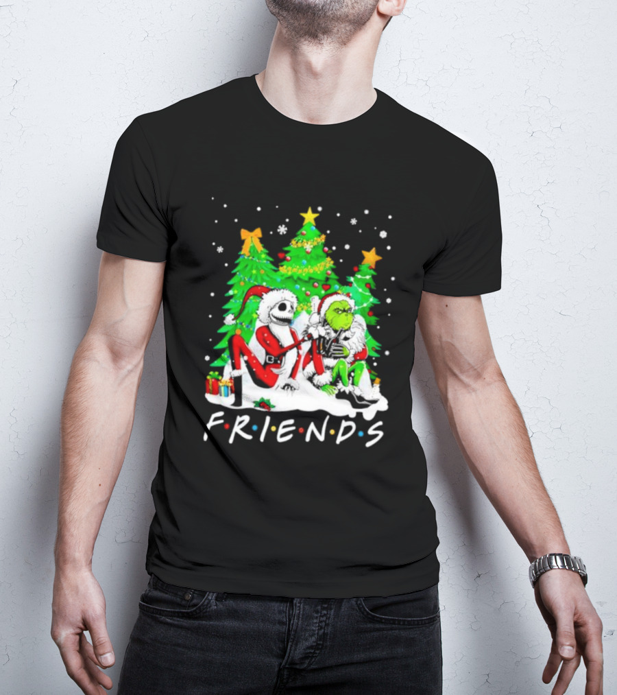 Friends Jack Skellington And Grinch Christmas Scene With Santa Outfits And Christmas Trees T-Shirt
