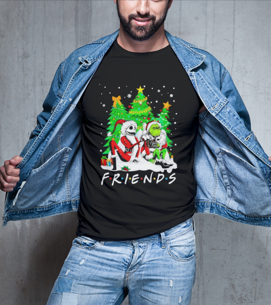 Friends Jack Skellington And Grinch Christmas Scene With Santa Outfits And Christmas Trees T-Shirt