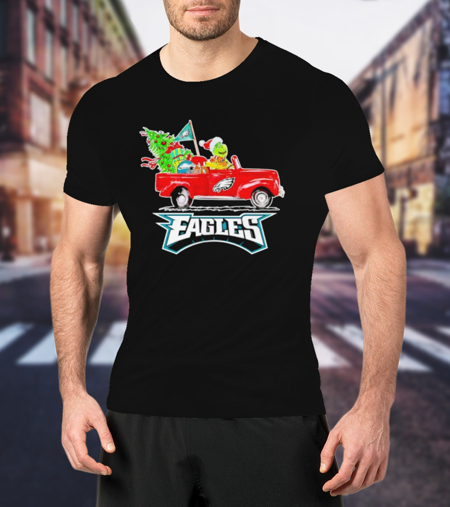 Grinch Dog Driving Red Truck Philadelphia Eagles Christmas Tree T-Shirt