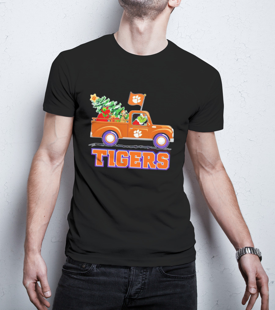 Grinch Driving Orange Christmas Truck With Clemson Tigers Flag And Tree T-Shirt