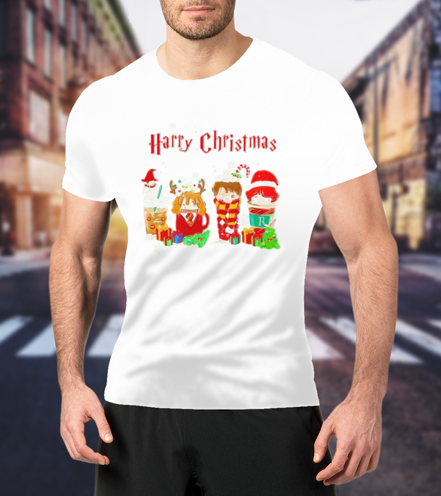 Harry Christmas Chibi Coffee Characters Festive Winter Scene T-Shirt