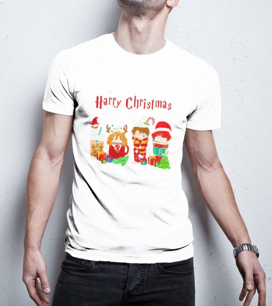Harry Christmas Chibi Coffee Characters Festive Winter Scene T-Shirt