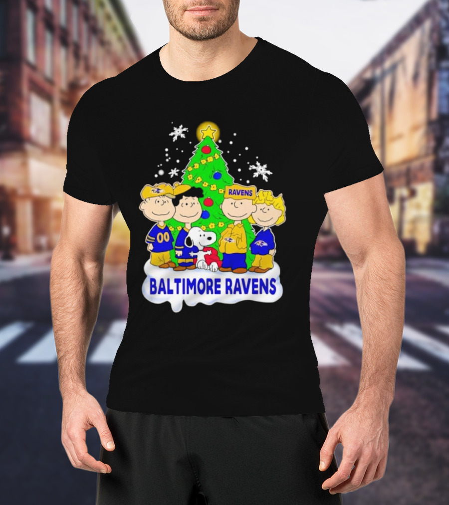 Baltimore Ravens Christmas Tree With Peanuts Characters T-Shirt