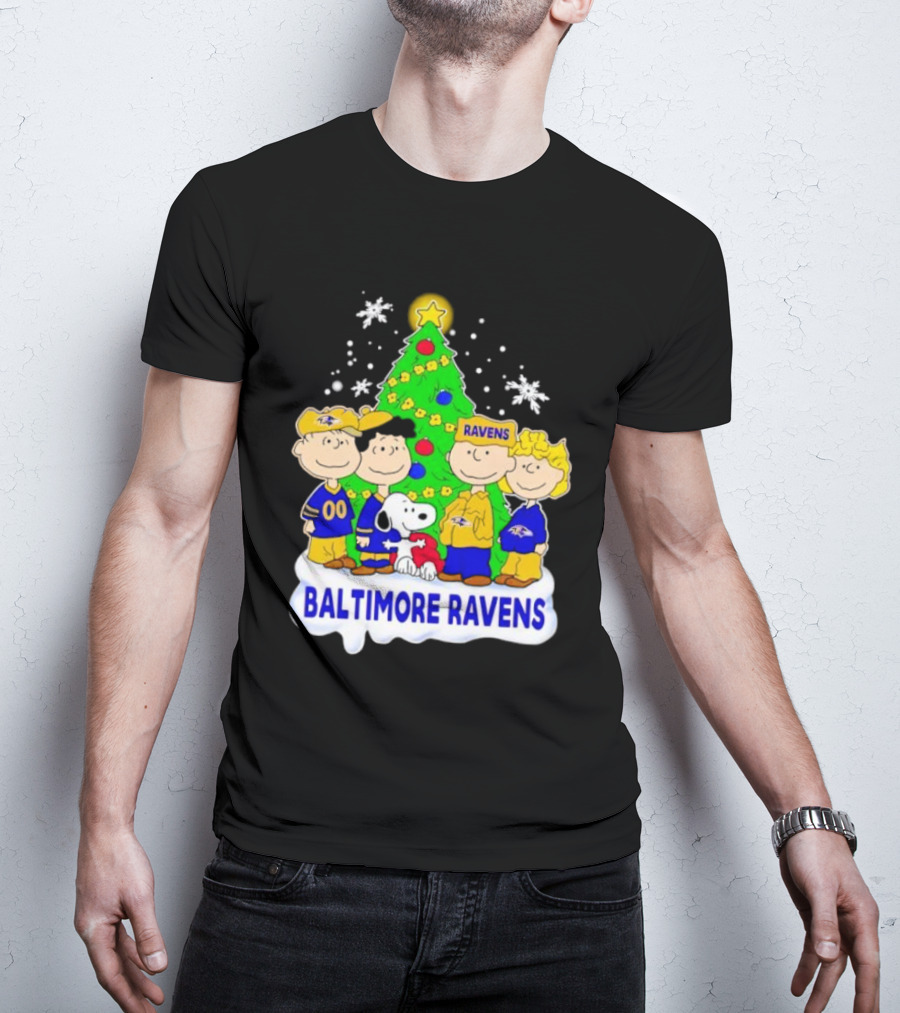 Baltimore Ravens Christmas Tree With Peanuts Characters T-Shirt