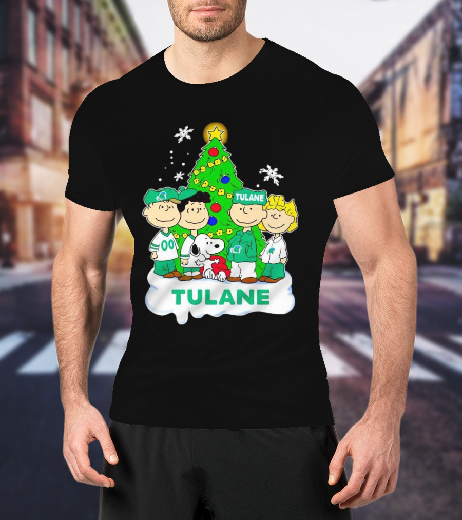 Peanuts Characters Tulane Green Wave Christmas Tree Snoopy Snowflakes T-Shirt
