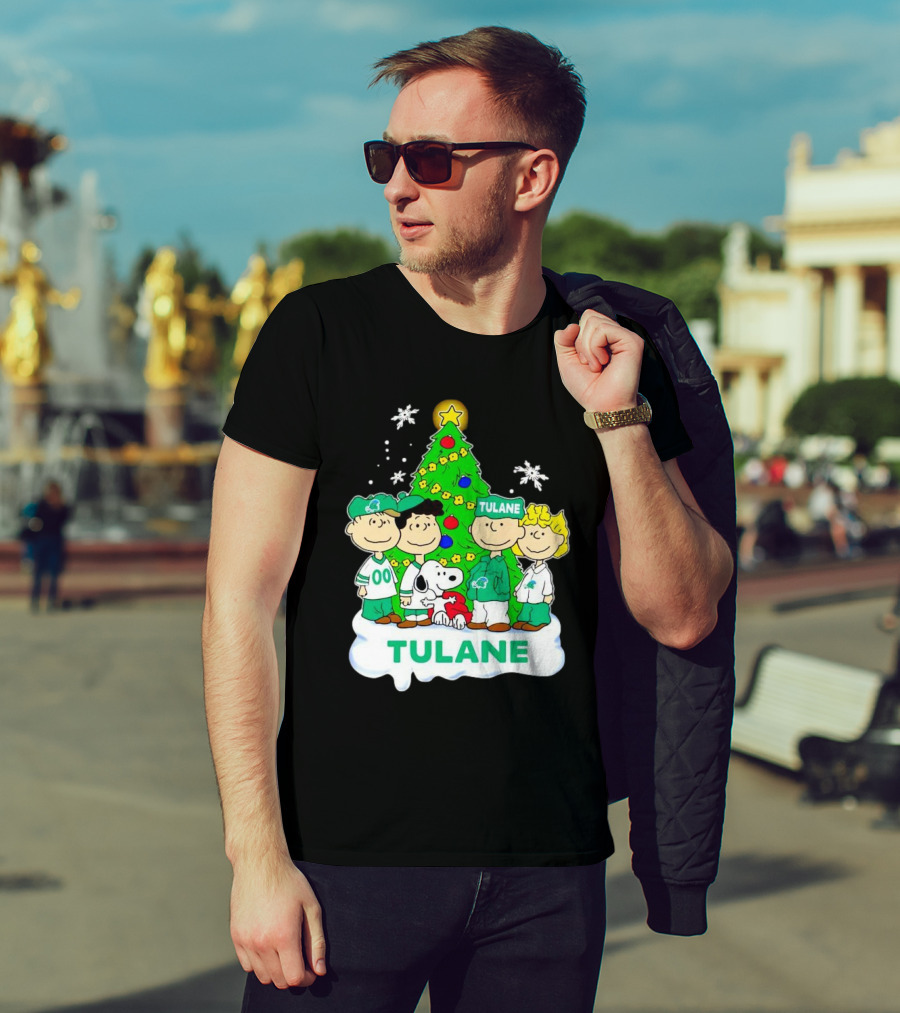Peanuts Characters Tulane Green Wave Christmas Tree Snoopy Snowflakes T-Shirt