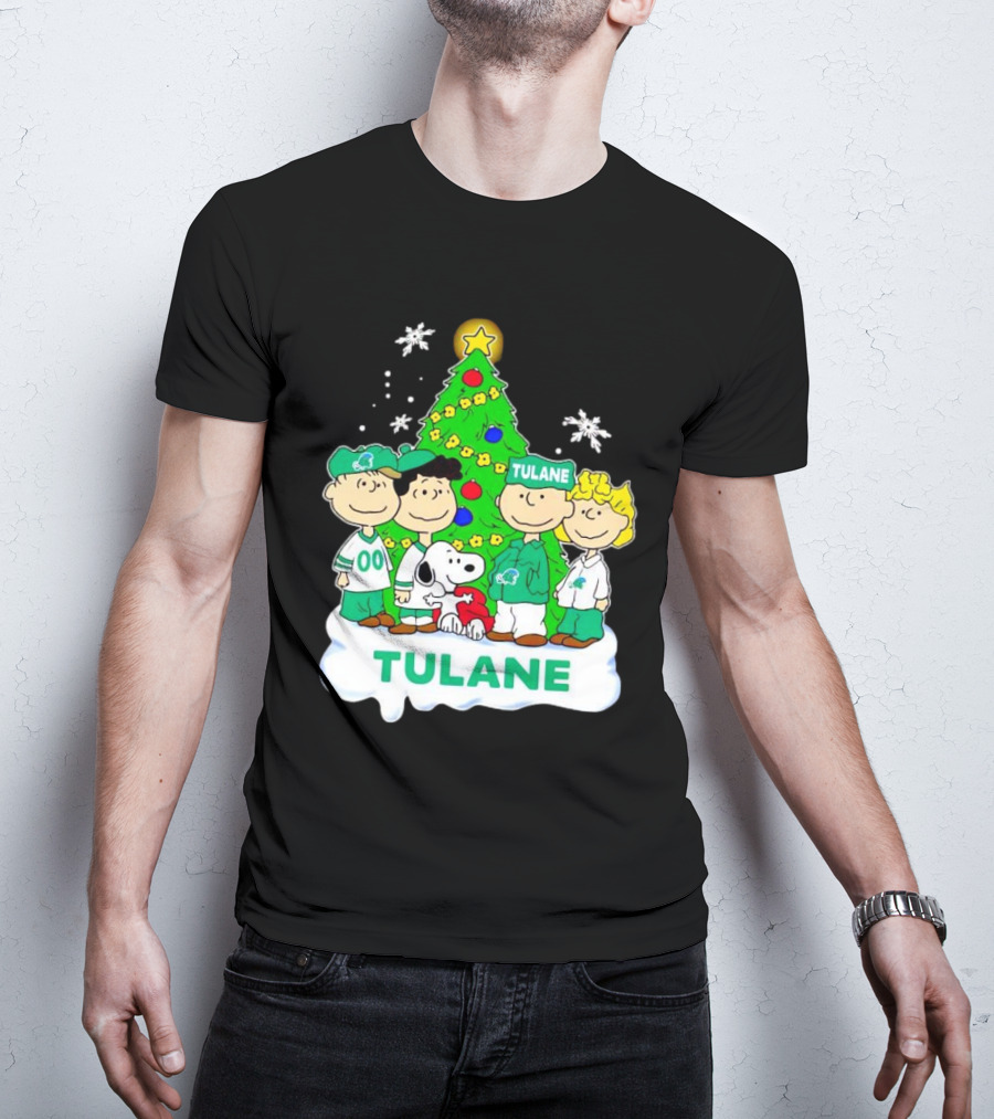 Peanuts Characters Tulane Green Wave Christmas Tree Snoopy Snowflakes T-Shirt