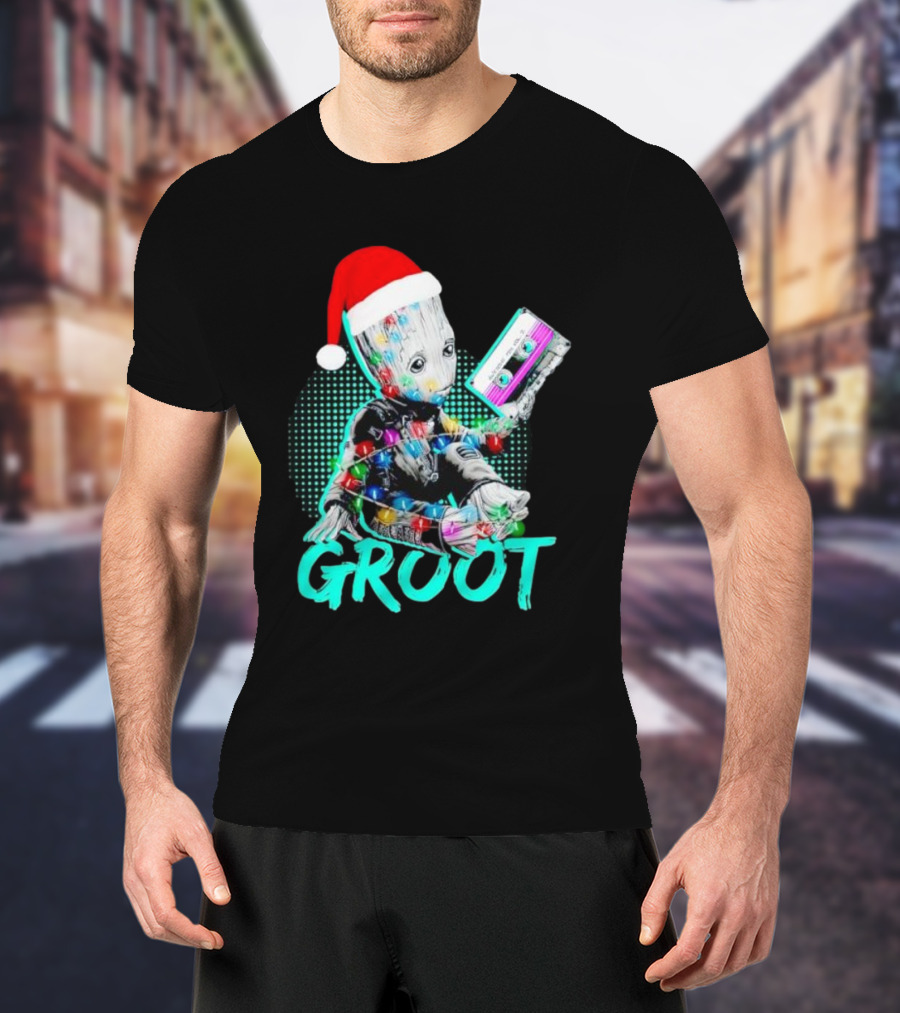 Santa Baby Groot With Cassette Tape And Holiday Lights T-Shirt