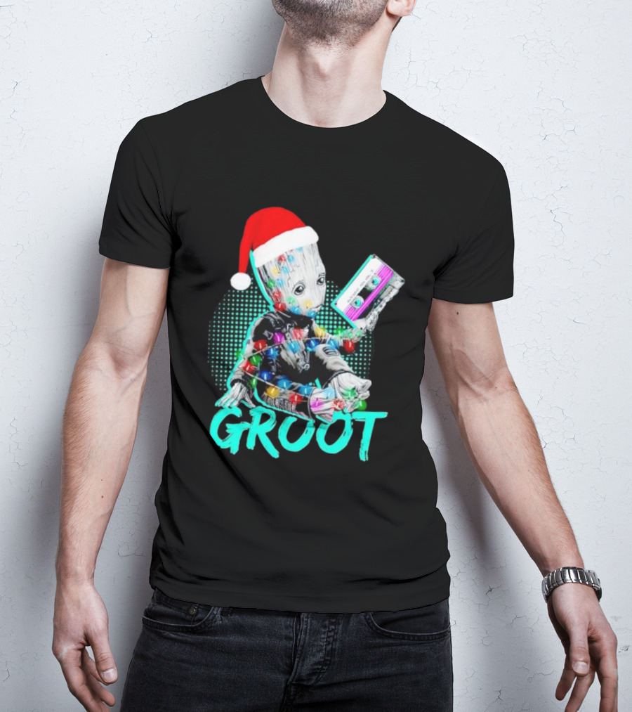 Santa Baby Groot With Cassette Tape And Holiday Lights T-Shirt